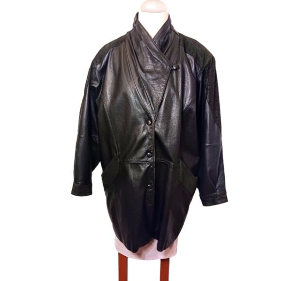 Y2K Leather Coat TEXTURED DETAIL Size L BLACK Patterned Accents Oversized Snaps - Picture 5 of 16